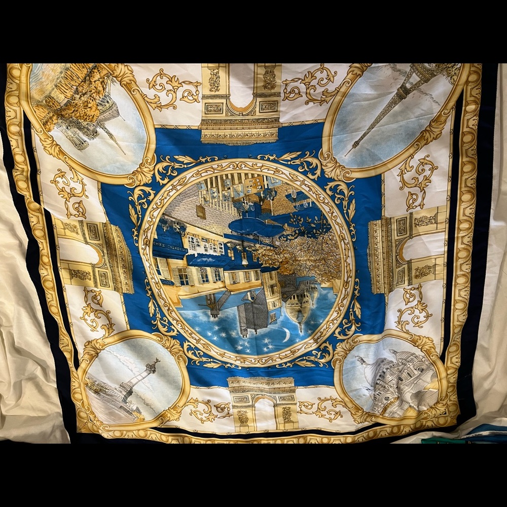 Huge 36” square silk scarf Paris theme unmarked blue gold